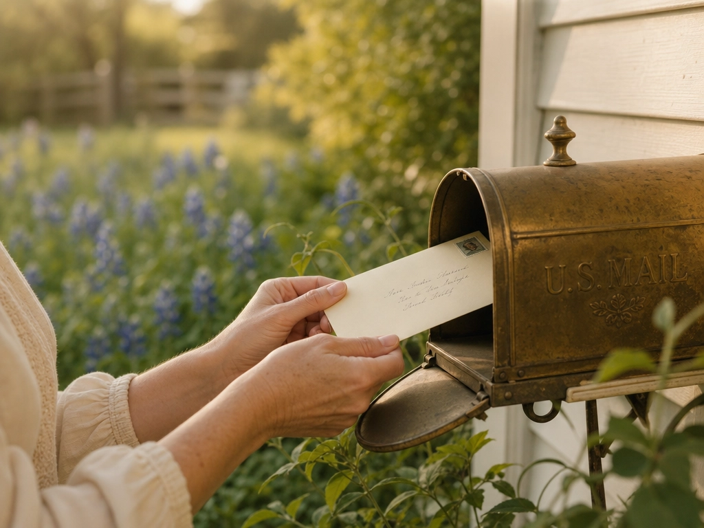 Hands pulling a letter from a vintage mailbox on a sunny porch