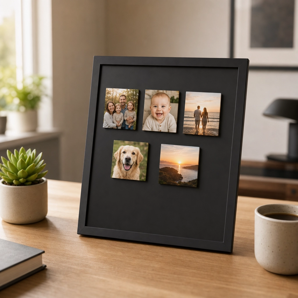 A beautiful oak and brass Magnet Frame Board displaying monthly photo magnets